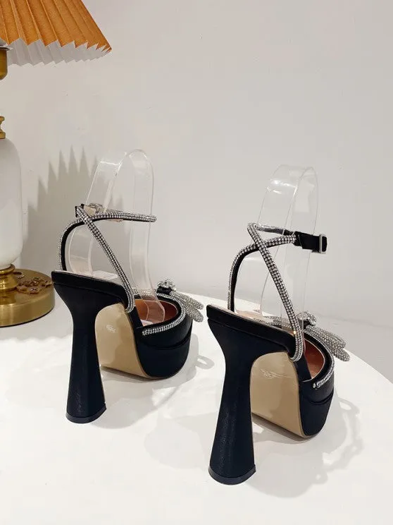 Ankle Strap Rhinestones Bow Detail Platform Heeled Sandals Pumps