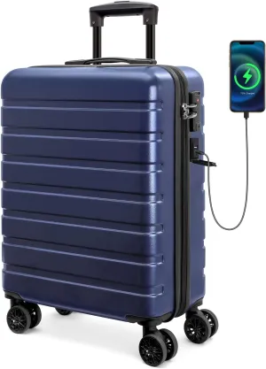 AnyZip Carry On Luggage 21" Hardside PC ABS Lightweight USB Suitcase with Wheels TSA Lock for kids DarkBlue