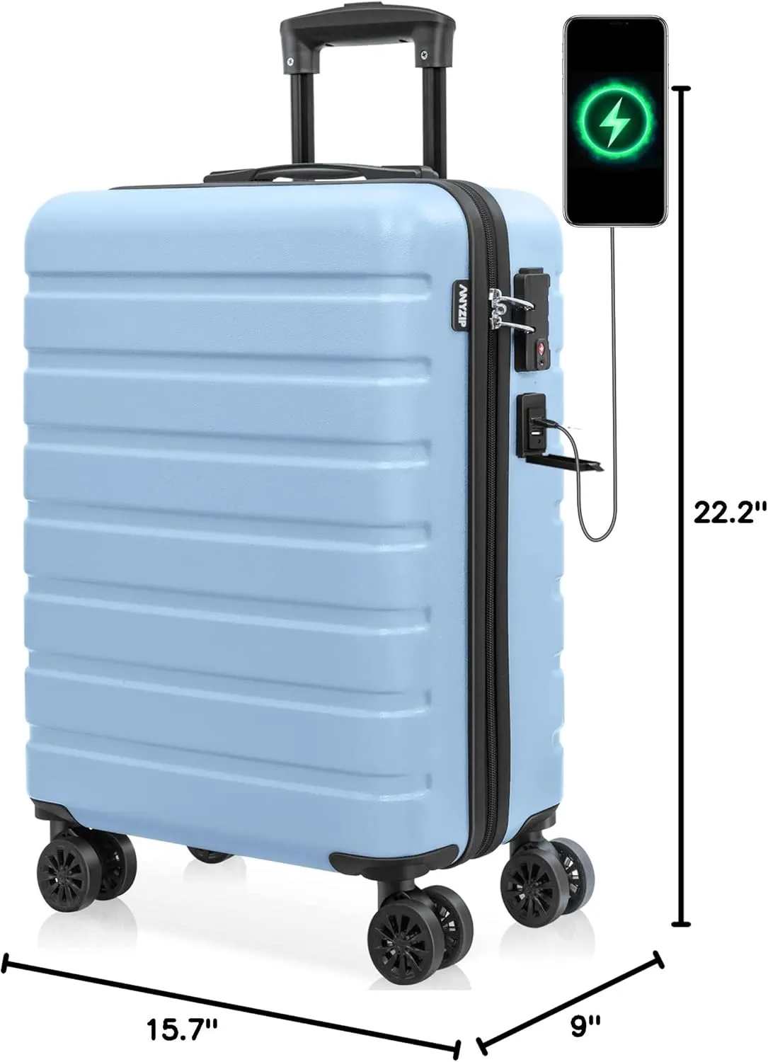 AnyZip Carry On Luggage 21" Hardside PC ABS Lightweight USB Suitcase with Wheels TSA Lock for kids Light Blue