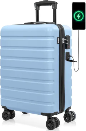 AnyZip Carry On Luggage 21" Hardside PC ABS Lightweight USB Suitcase with Wheels TSA Lock for kids Light Blue