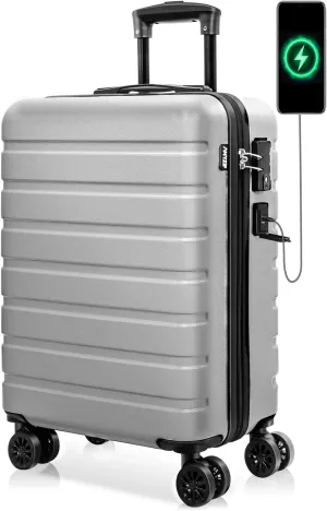 AnyZip Carry On Luggage 21" Hardside PC ABS Lightweight USB Suitcase with Wheels TSA Lock for kids Silver