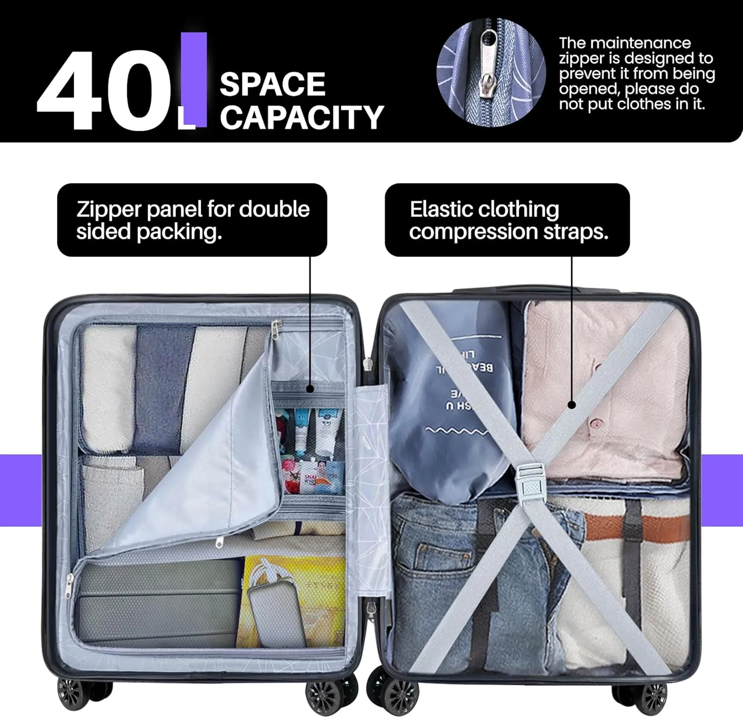 AnyZip Carry On Luggage 21" Hardside PC ABS Lightweight USB Suitcase with Wheels TSA Lock for kids Violet Purple