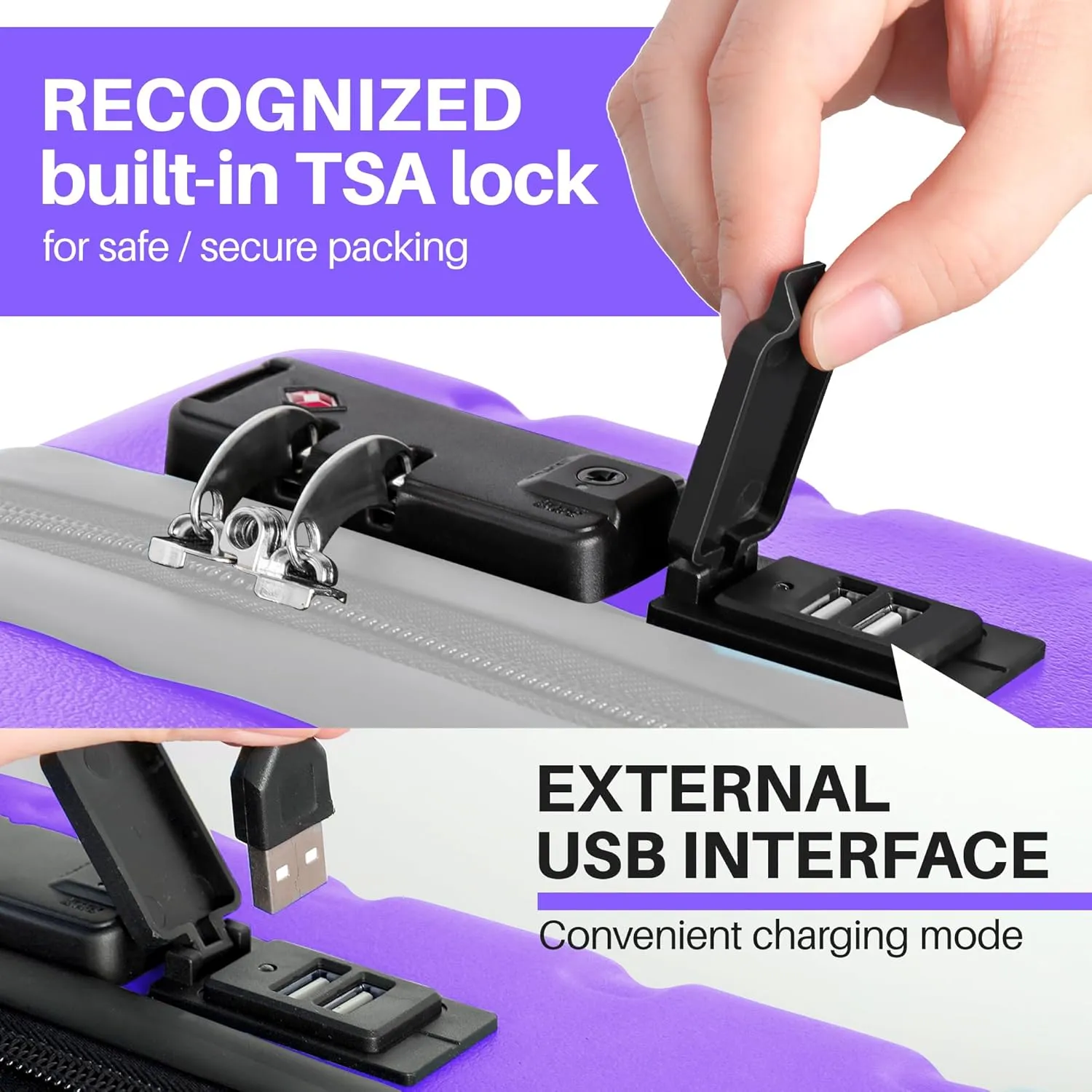 AnyZip Carry On Luggage 21" Hardside PC ABS Lightweight USB Suitcase with Wheels TSA Lock for kids Violet Purple
