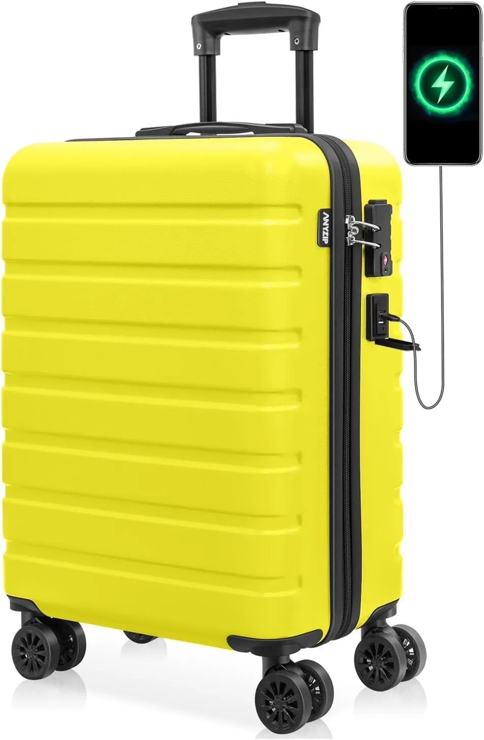 AnyZip Carry On Luggage 21" Hardside PC ABS Lightweight USB Suitcase with Wheels TSA Lock for kids Yellow