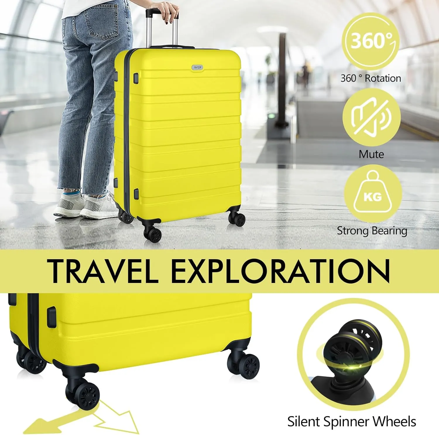 AnyZip Luggage PC ABS Hardside Lightweight Suitcase with 4 Universal Wheels TSA Lock Checked-Medium 24 Inch Yellow