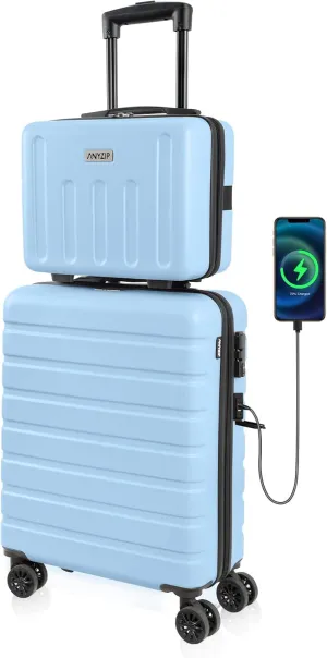 AnyZip Suitcase, 20" Carry On Luggage 14" Mini Cosmetic Cases Luggage Sets Hardside PC ABS Lightweight USB Suitcase with Wheels TSA for kids (2 Piece Set 14/20, Light blue)