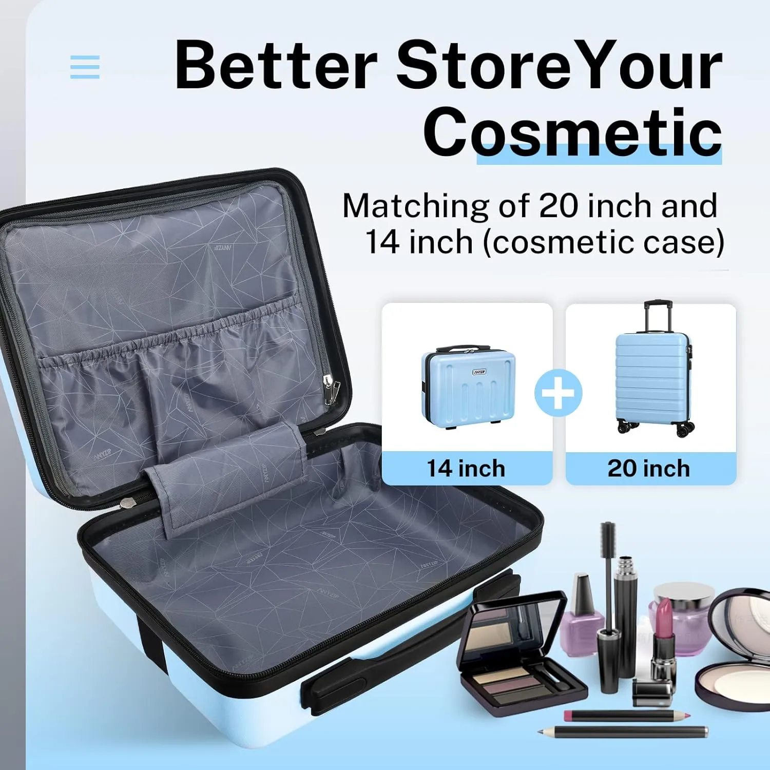 AnyZip Suitcase, 20" Carry On Luggage 14" Mini Cosmetic Cases Luggage Sets Hardside PC ABS Lightweight USB Suitcase with Wheels TSA for kids (2 Piece Set 14/20, Light blue)