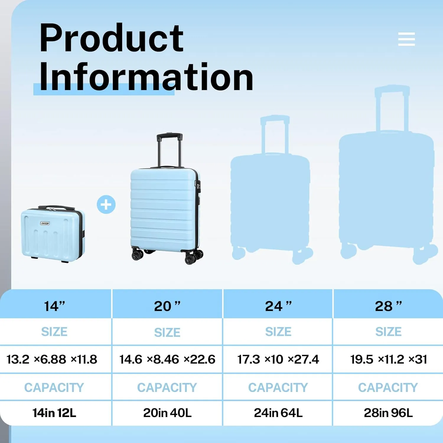 AnyZip Suitcase, 20" Carry On Luggage 14" Mini Cosmetic Cases Luggage Sets Hardside PC ABS Lightweight USB Suitcase with Wheels TSA for kids (2 Piece Set 14/20, Light blue)