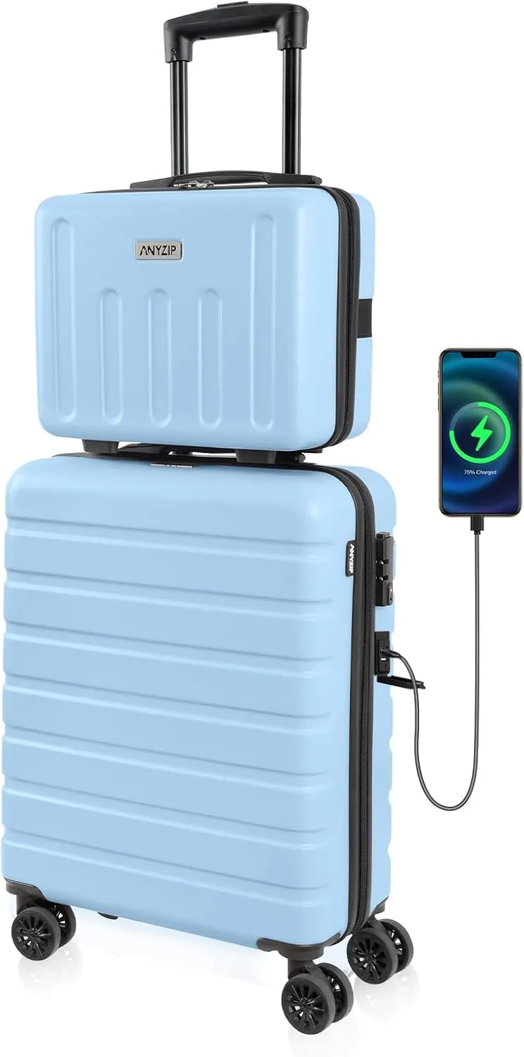 AnyZip Suitcase, 20" Carry On Luggage 14" Mini Cosmetic Cases Luggage Sets Hardside PC ABS Lightweight USB Suitcase with Wheels TSA for kids (2 Piece Set 14/20, Light blue)