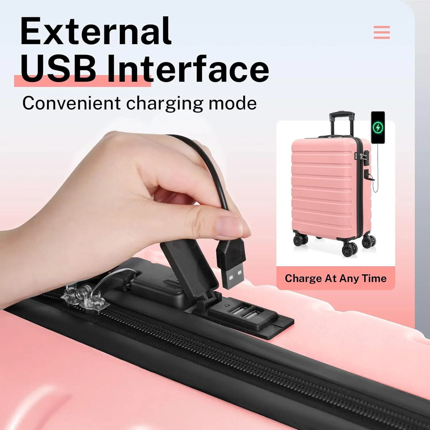 AnyZip Suitcase, 20" Carry On Luggage 14" Mini Cosmetic Cases Luggage Sets Hardside PC ABS Lightweight USB Suitcase with Wheels TSA for kids (2 Piece Set 14/20, Pink)