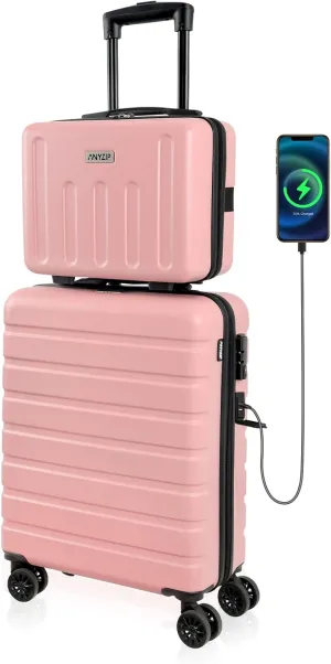 AnyZip Suitcase, 20" Carry On Luggage 14" Mini Cosmetic Cases Luggage Sets Hardside PC ABS Lightweight USB Suitcase with Wheels TSA for kids (2 Piece Set 14/20, Pink)