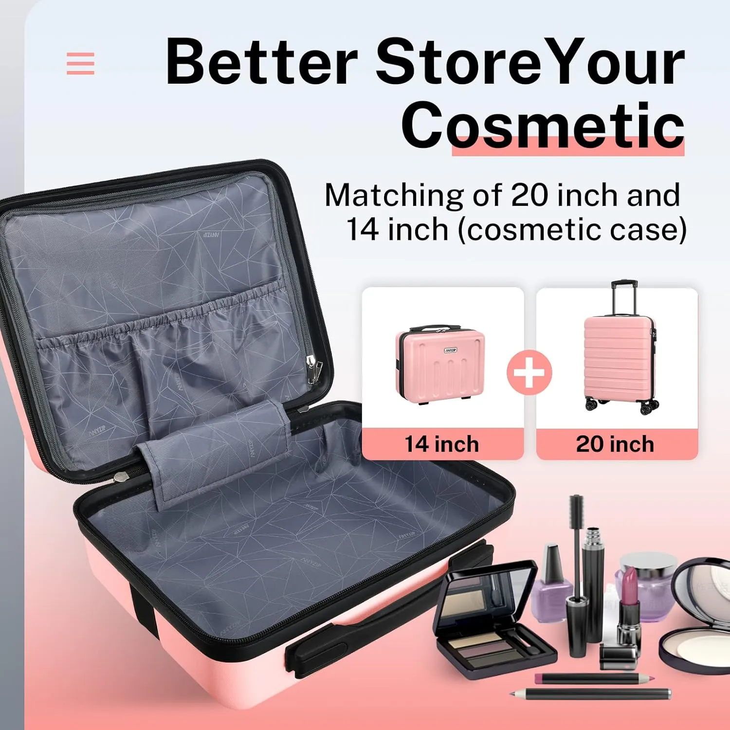 AnyZip Suitcase, 20" Carry On Luggage 14" Mini Cosmetic Cases Luggage Sets Hardside PC ABS Lightweight USB Suitcase with Wheels TSA for kids (2 Piece Set 14/20, Pink)