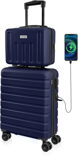 AnyZip Suitcase, 20" Carry On Luggage 14" Mini Cosmetic Cases Luggage Sets Hardside PC ABS Lightweight USB Suitcase with Wheels TSA for kids (2-Piece Set (14/20),DarkBlue)