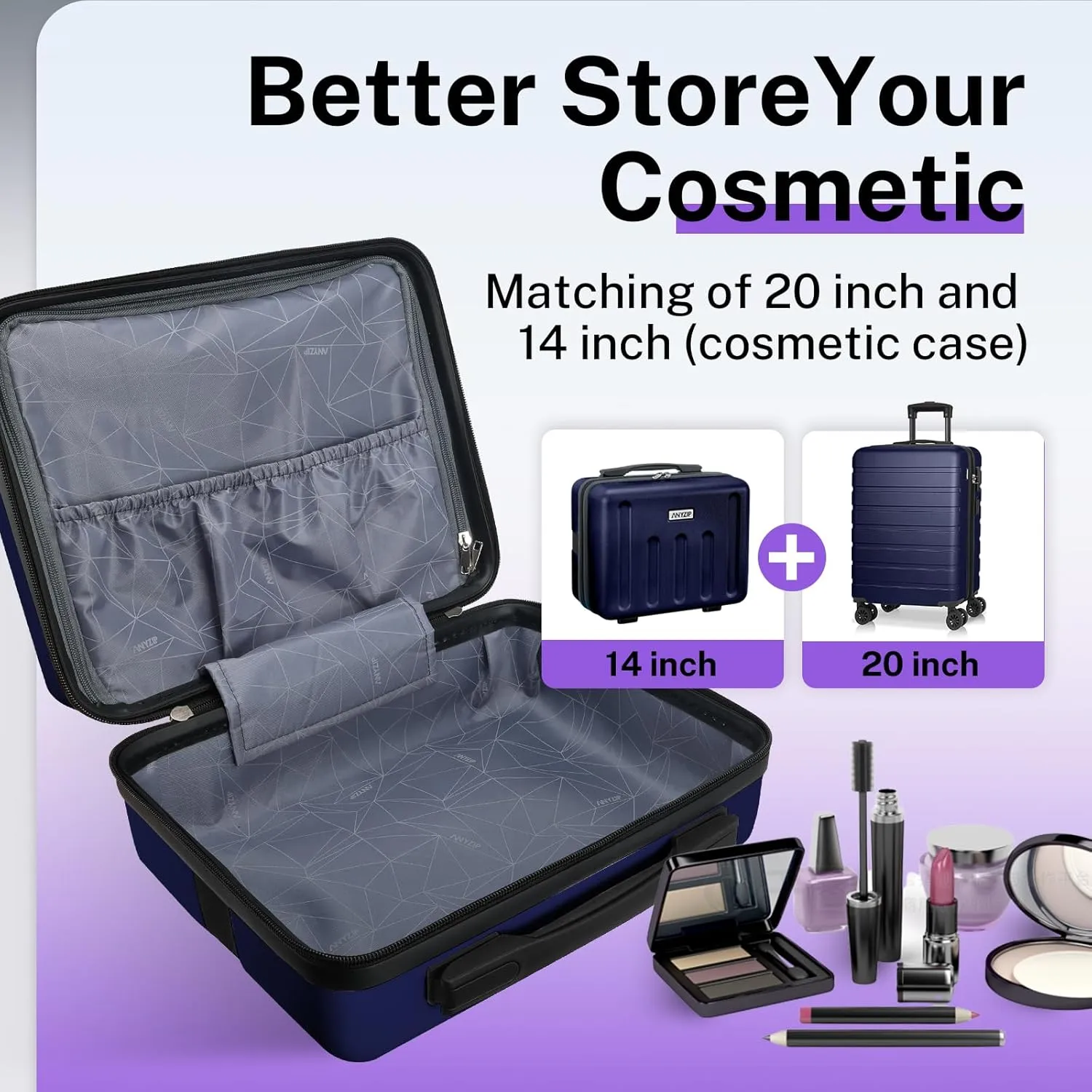 AnyZip Suitcase, 20" Carry On Luggage 14" Mini Cosmetic Cases Luggage Sets Hardside PC ABS Lightweight USB Suitcase with Wheels TSA for kids (2-Piece Set (14/20),DarkBlue)
