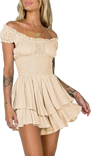 AOHITE Womens Summer Tube Top Dress Off-Shoulder Ruffled Flowy Mini Short Dresses