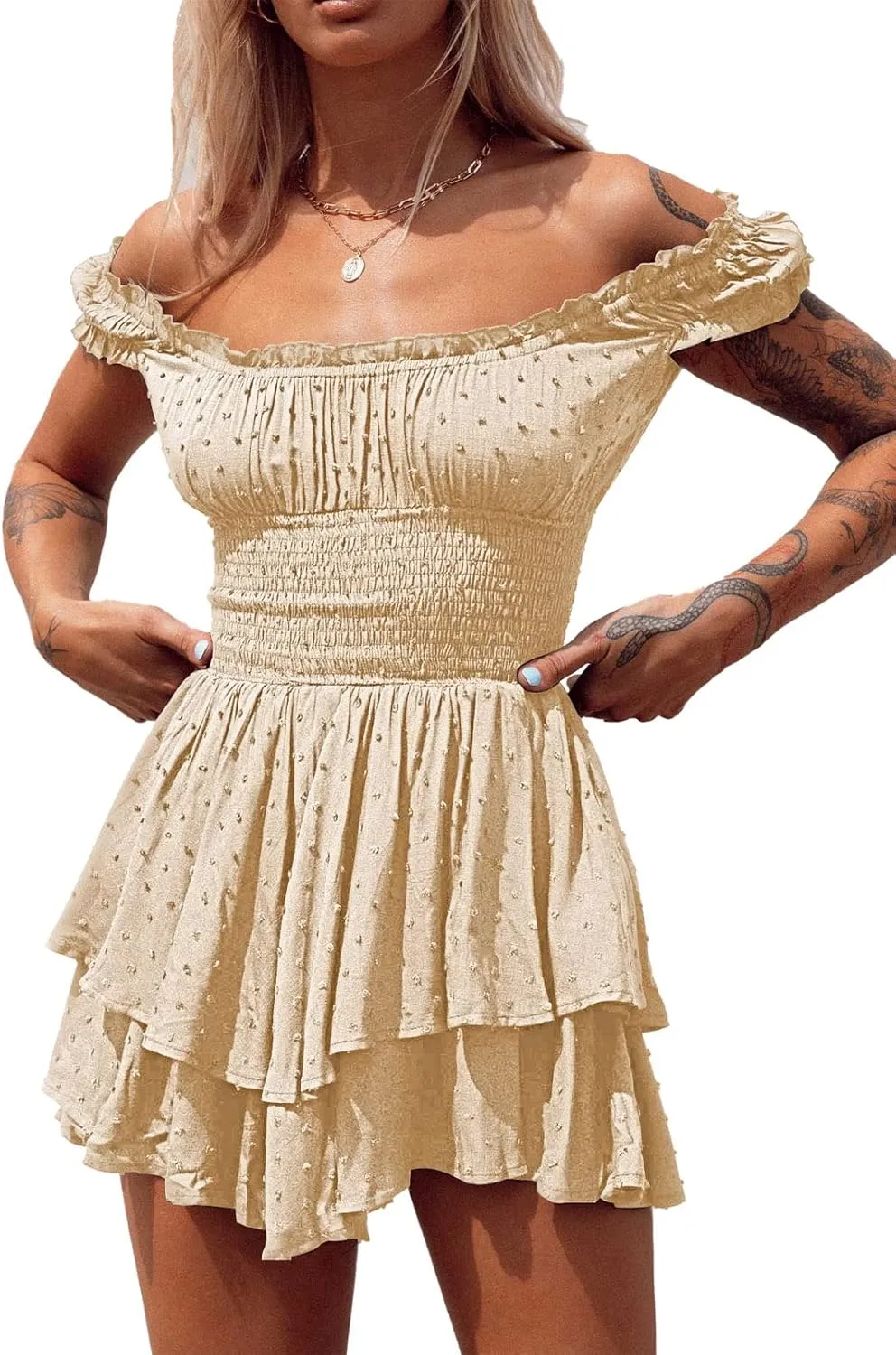 AOHITE Womens Summer Tube Top Dress Off-Shoulder Ruffled Flowy Mini Short Dresses