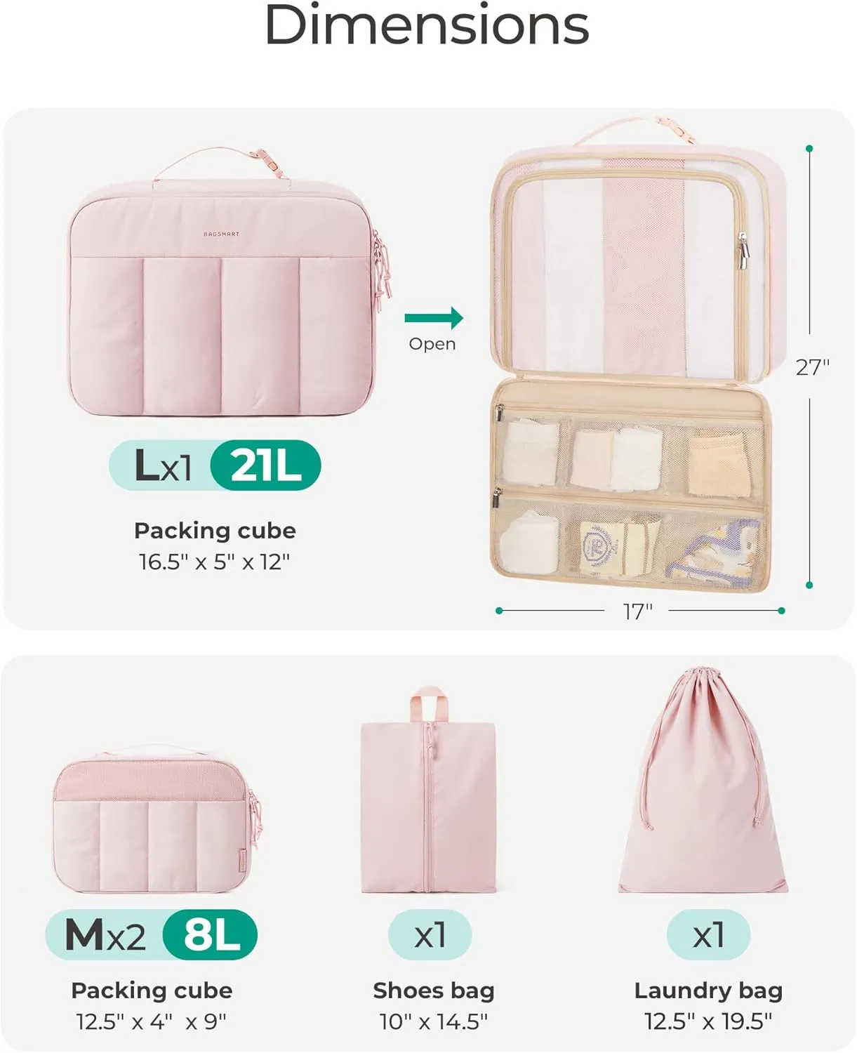 BAGSMART Packing Cubes for Travel Women, Large Capacity Hanging Packing Cubes for Suitcases, Quilted Travel Essentials for Women, Light Pink