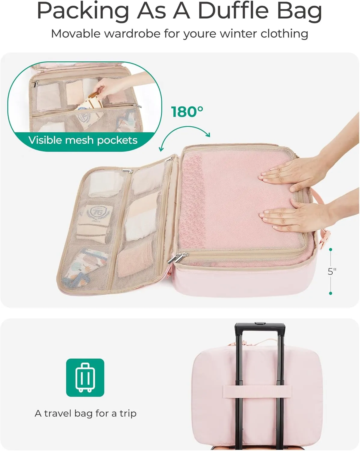 BAGSMART Packing Cubes for Travel Women, Large Capacity Hanging Packing Cubes for Suitcases, Quilted Travel Essentials for Women, Light Pink
