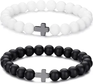 Beaded Bracelets for Men Women 8mm Bead Stretch Bracelets Cross Bracelets Unisex