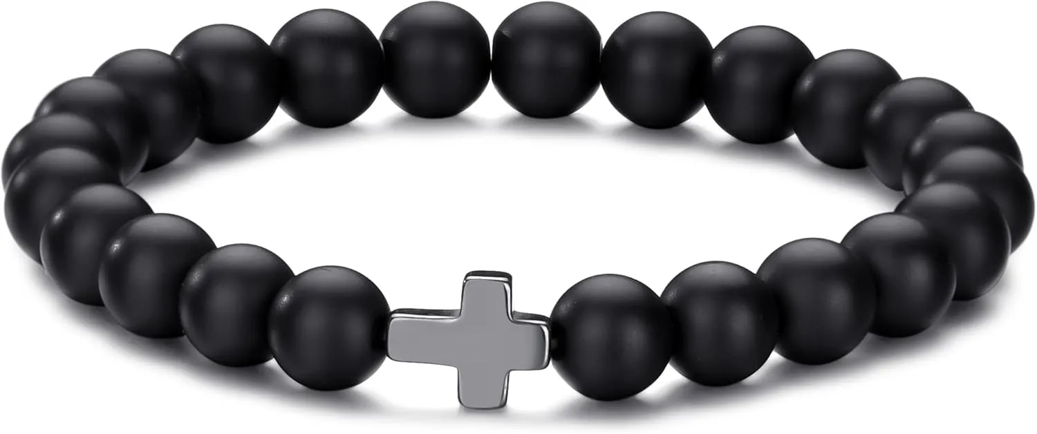 Beaded Bracelets for Men Women 8mm Bead Stretch Bracelets Cross Bracelets Unisex