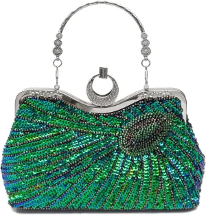 Beaded Sequin Peacock Evening Clutch Bags Sparkly Bride Wedding Party Purses for Women