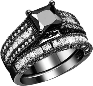 Black Plated Round Black & White Cubic Zirconia Ladies Bridal Vintage Wedding Engagement Ring Set for Her, Silver