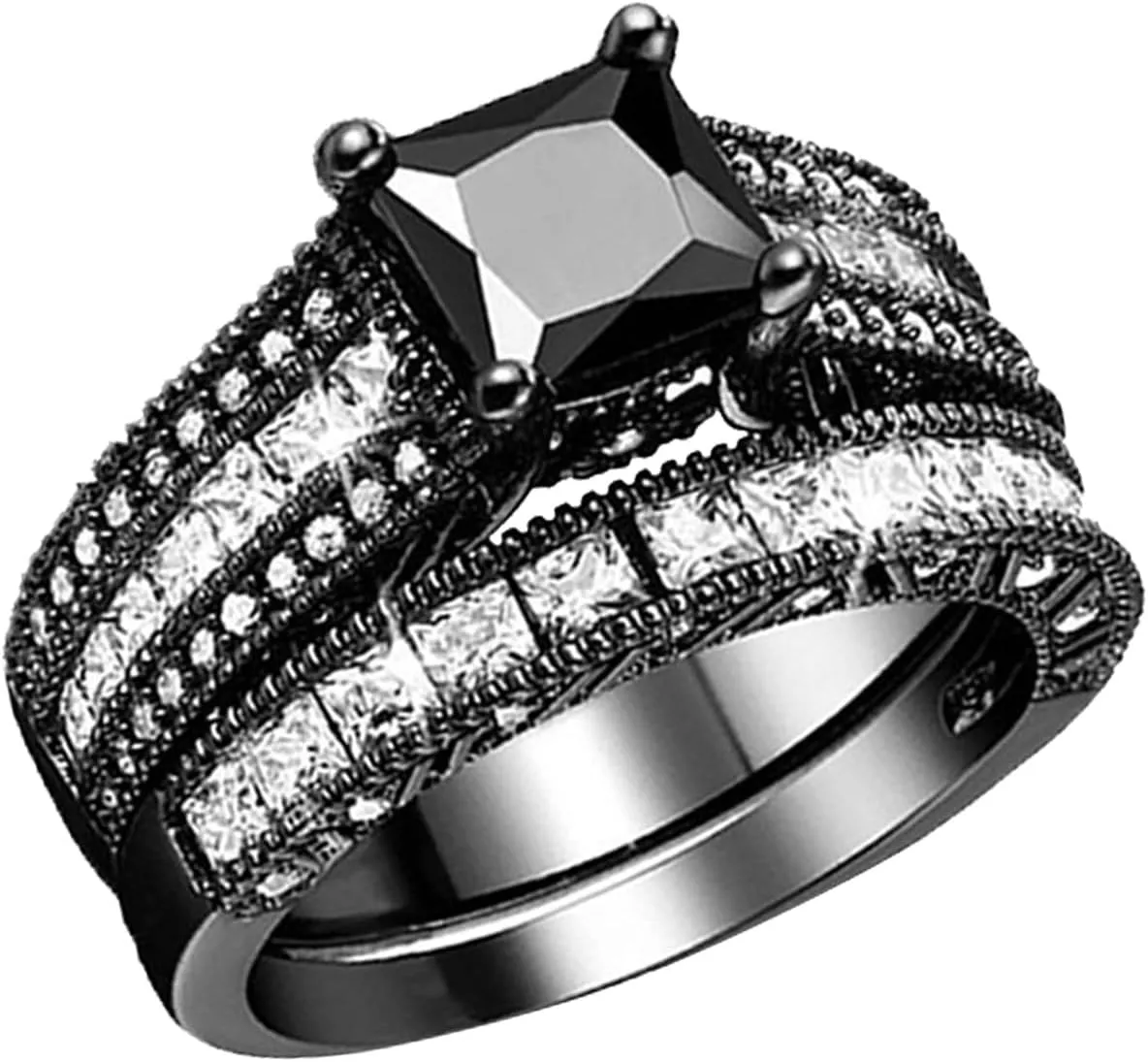 Black Plated Round Black & White Cubic Zirconia Ladies Bridal Vintage Wedding Engagement Ring Set for Her, Silver
