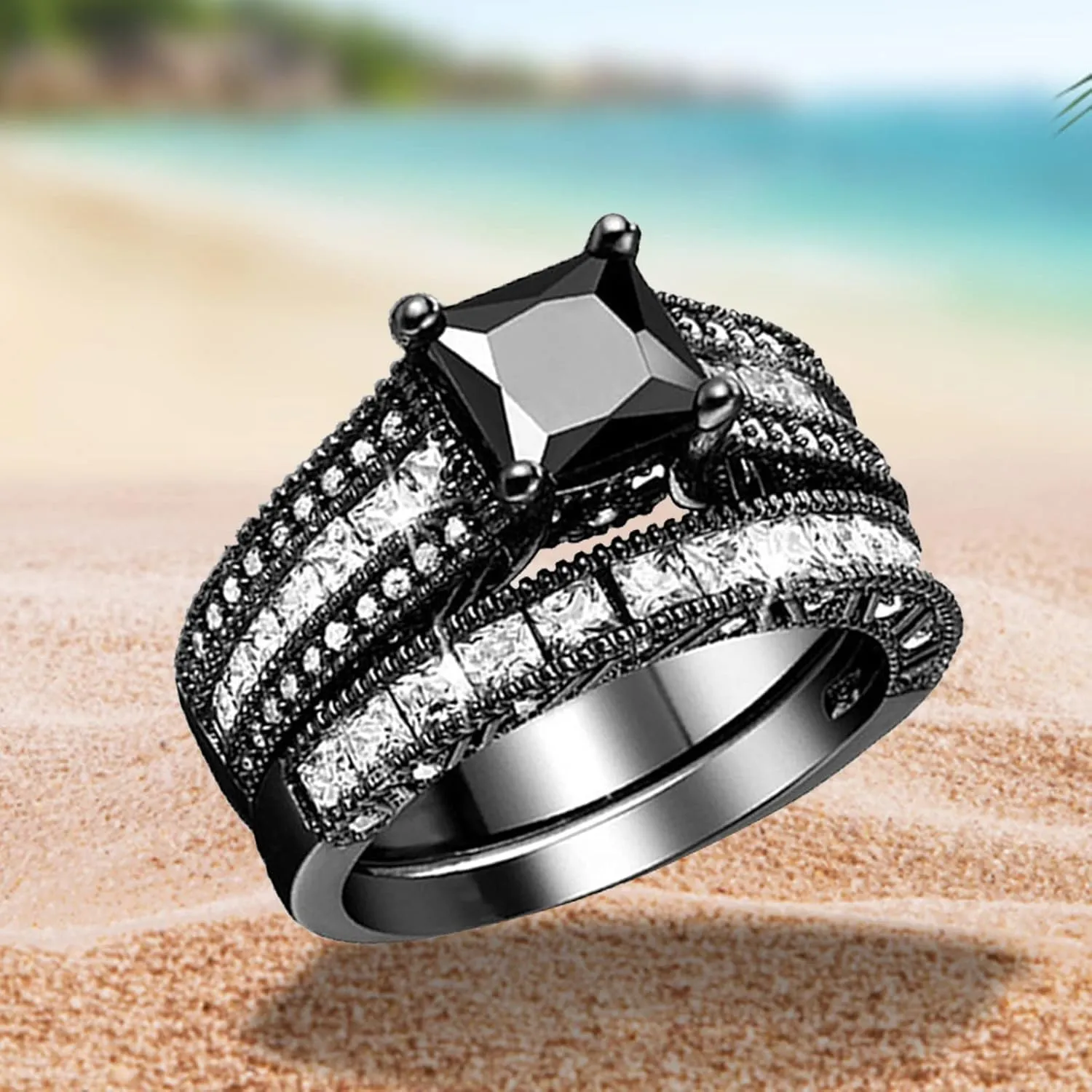 Black Plated Round Black & White Cubic Zirconia Ladies Bridal Vintage Wedding Engagement Ring Set for Her, Silver
