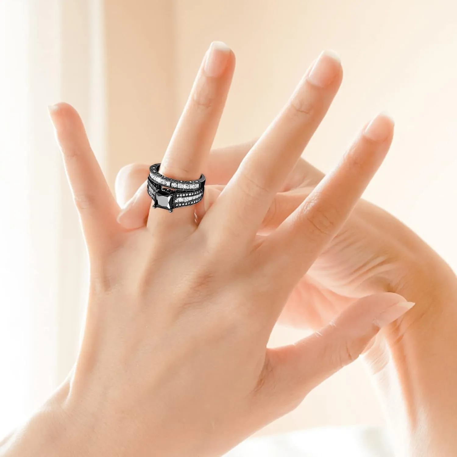 Black Plated Round Black & White Cubic Zirconia Ladies Bridal Vintage Wedding Engagement Ring Set for Her, Silver