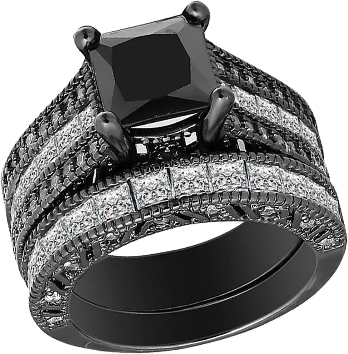 Black Plated Round Black & White Cubic Zirconia Ladies Bridal Vintage Wedding Engagement Ring Set for Her, Silver