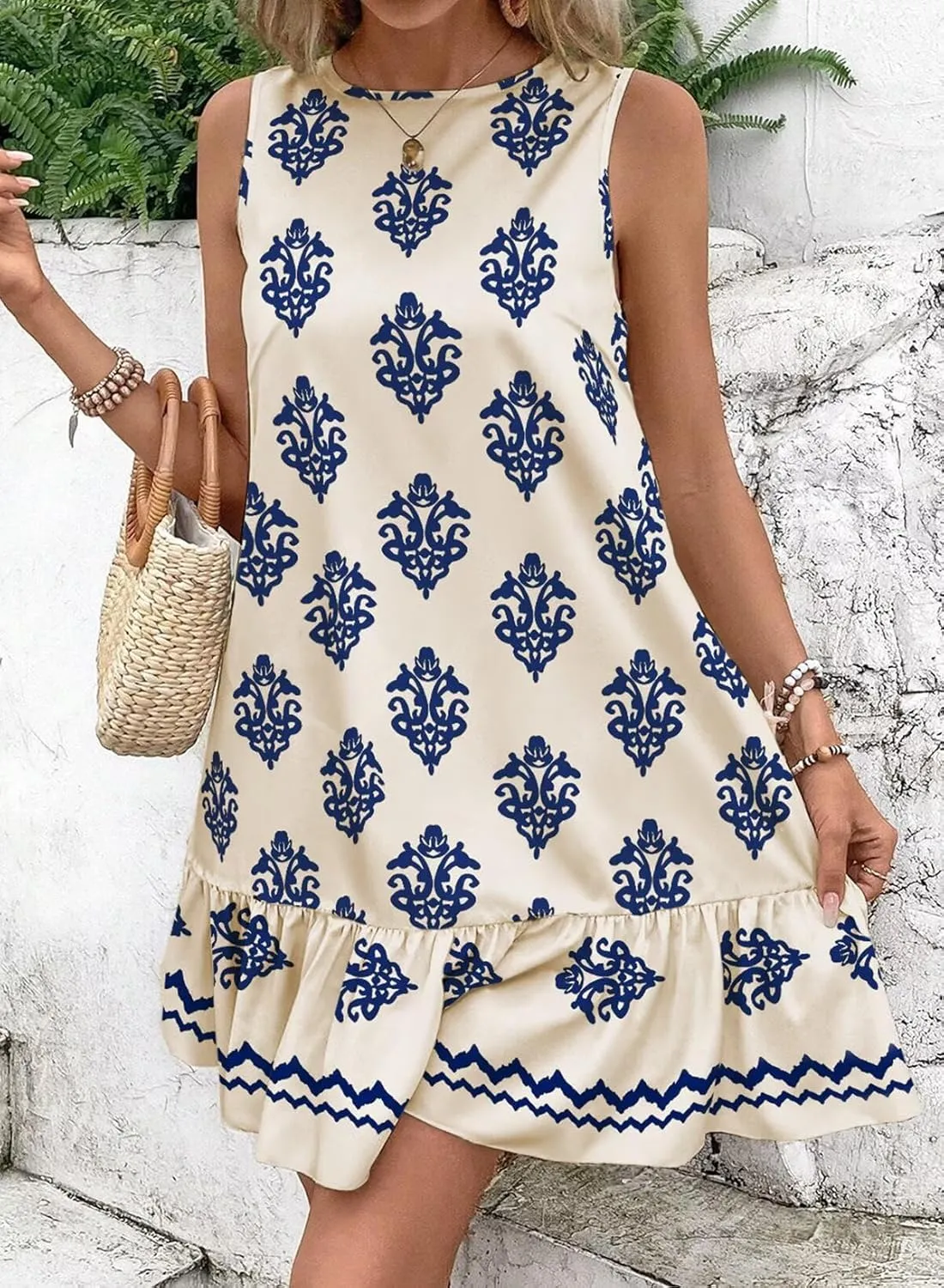 BLENCOT Womens Floral Dress Sleeveless Ruffle Mini Summer Casual Dresses