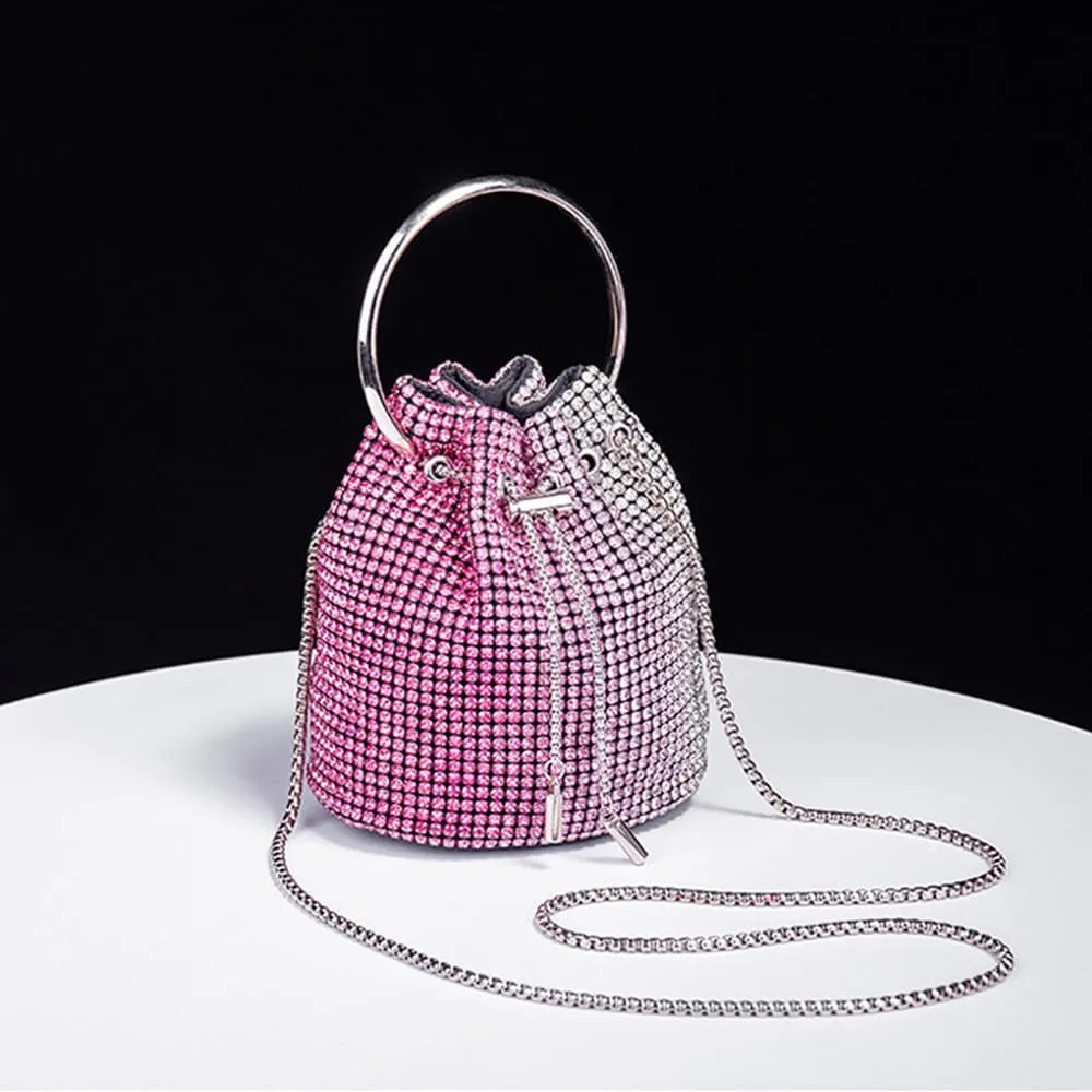 Bling Evening Handbag Rhinestone Drawstring Shoulder Bucket Purse Diamond Clutch Purse Party Wedding Shopping Red