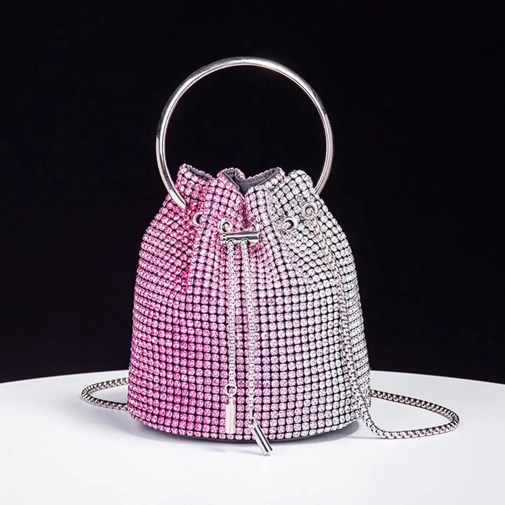 Bling Evening Handbag Rhinestone Drawstring Shoulder Bucket Purse Diamond Clutch Purse Party Wedding Shopping Red