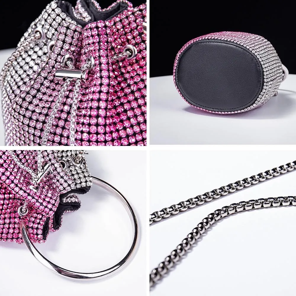 Bling Evening Handbag Rhinestone Drawstring Shoulder Bucket Purse Diamond Clutch Purse Party Wedding Shopping Red