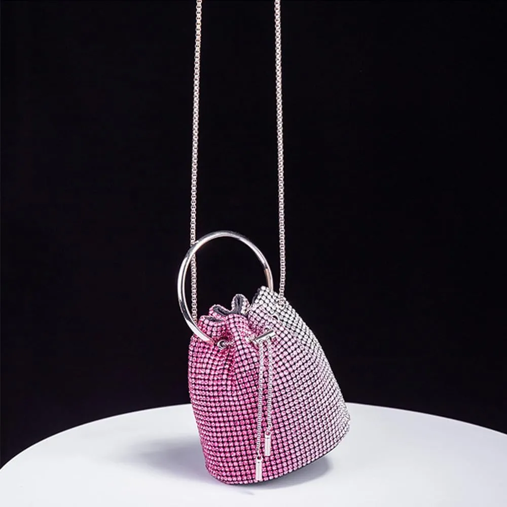 Bling Evening Handbag Rhinestone Drawstring Shoulder Bucket Purse Diamond Clutch Purse Party Wedding Shopping Red