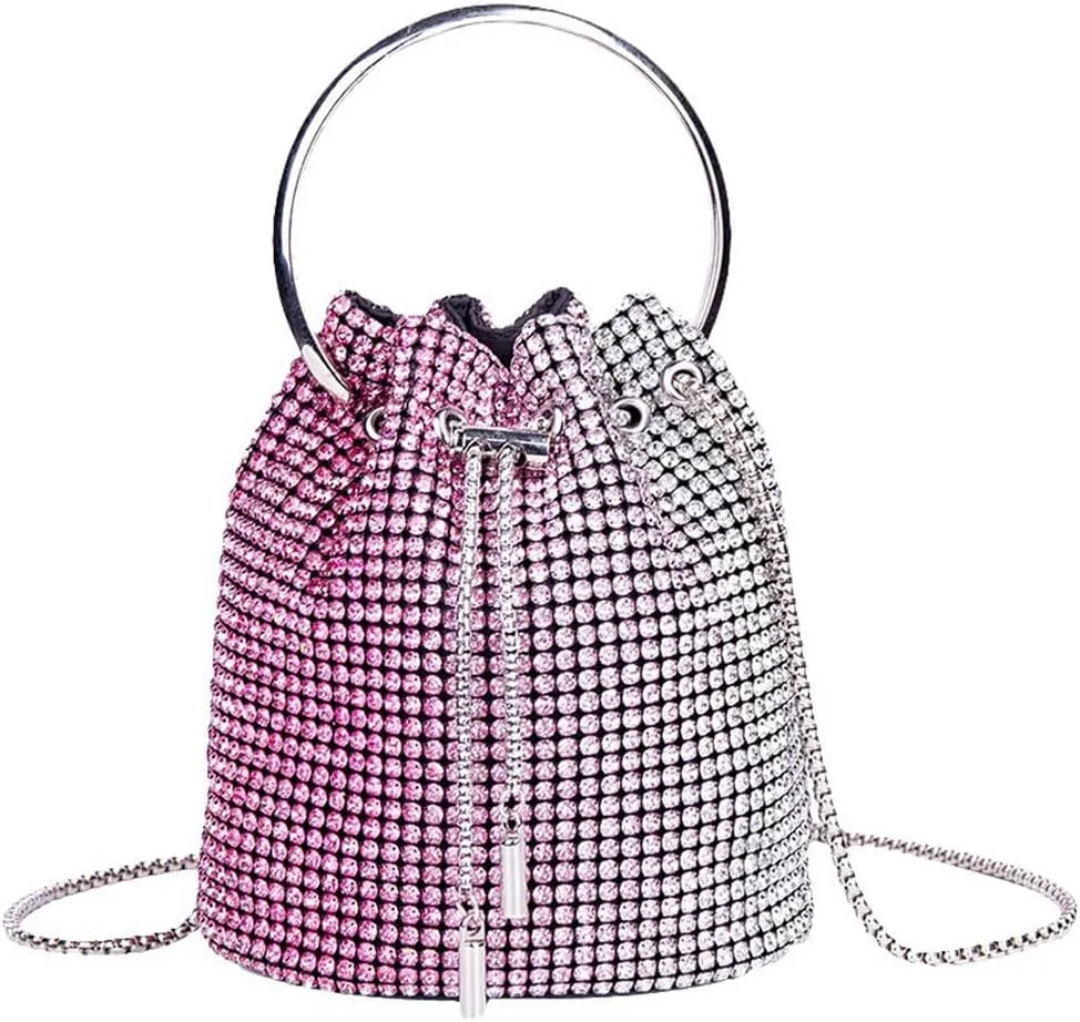 Bling Evening Handbag Rhinestone Drawstring Shoulder Bucket Purse Diamond Clutch Purse Party Wedding Shopping Red