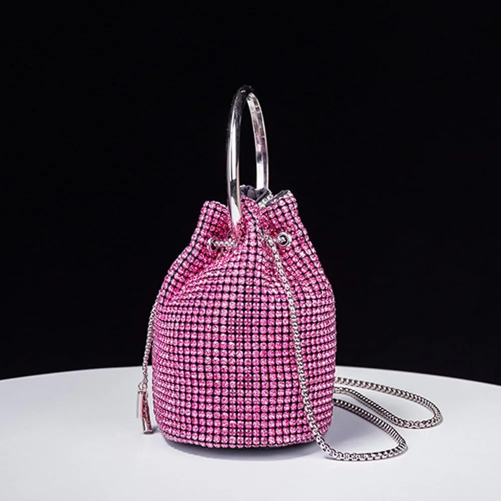 Bling Evening Handbag Rhinestone Drawstring Shoulder Bucket Purse Diamond Clutch Purse Party Wedding Shopping Red