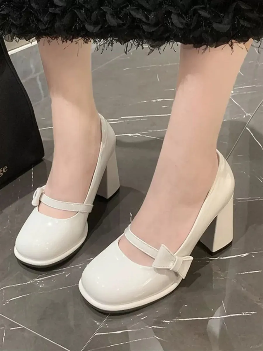 Bow Tie Decoration Chunky Heeled Ankle Strap Mary Jane Pumps Shoes