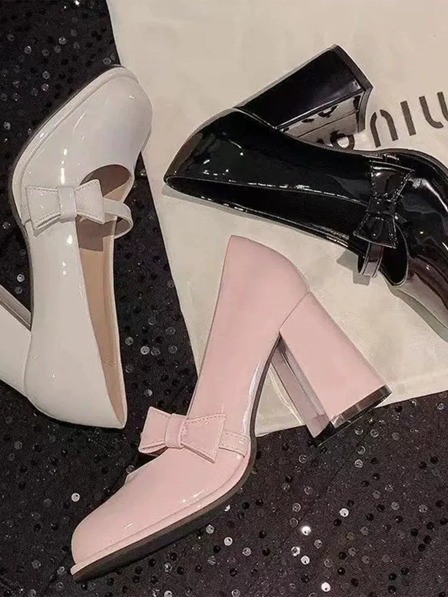 Bow Tie Decoration Chunky Heeled Ankle Strap Mary Jane Pumps Shoes