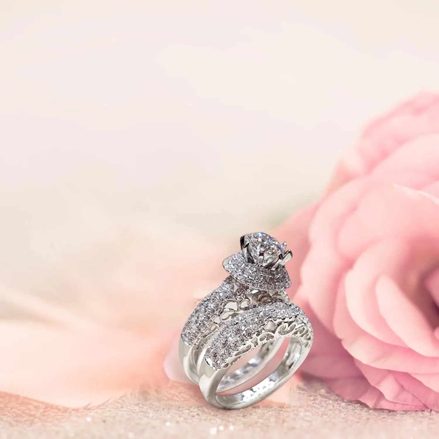 Bridal Set Anniversary Wedding Ring Sets 925 Silver, Round-Cut Simulation Diamond Engagement Band Ring for Women