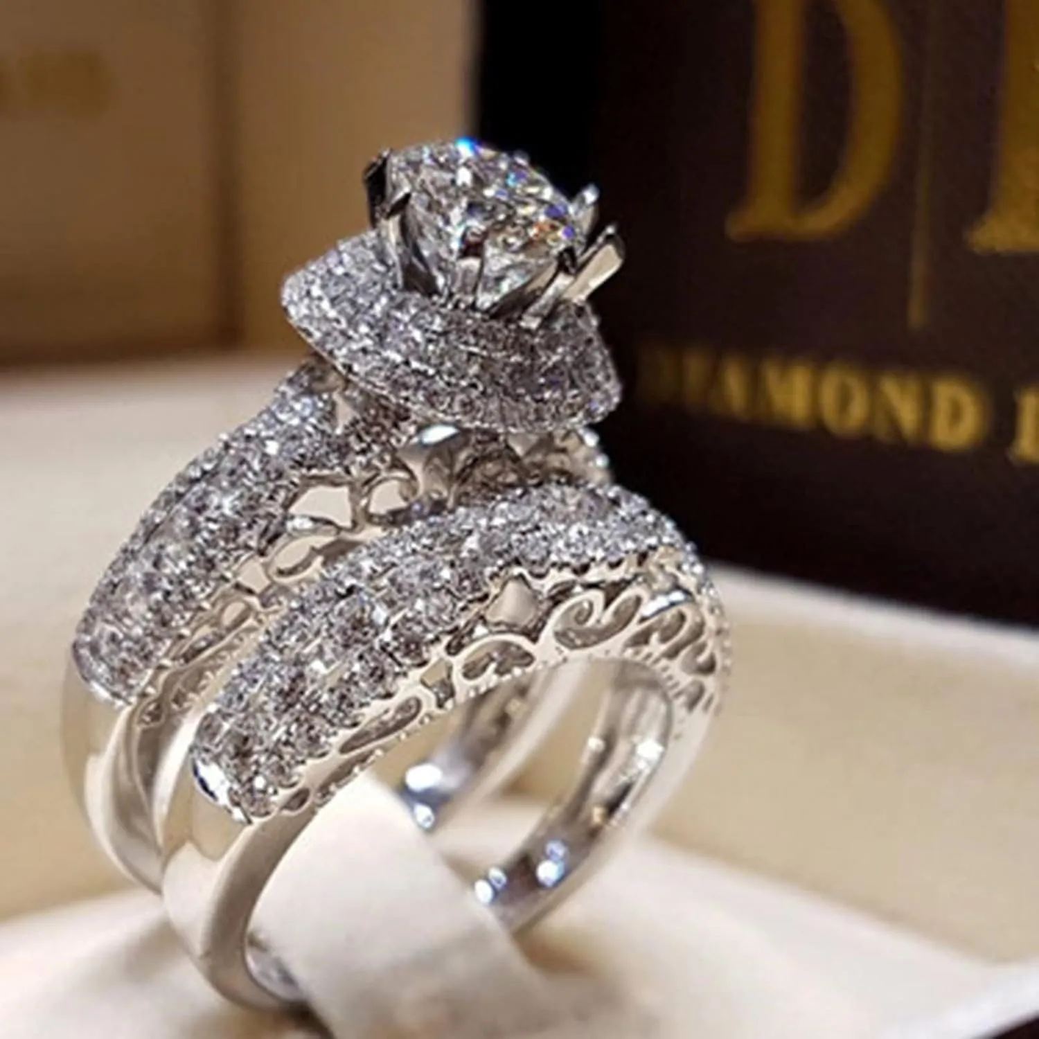 Bridal Set Anniversary Wedding Ring Sets 925 Silver, Round-Cut Simulation Diamond Engagement Band Ring for Women