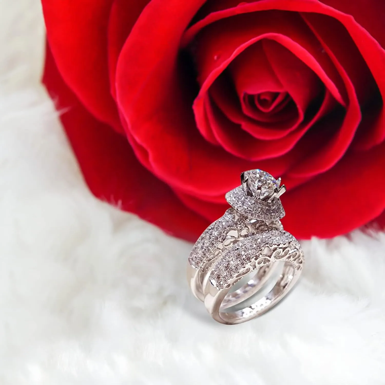 Bridal Set Anniversary Wedding Ring Sets 925 Silver, Round-Cut Simulation Diamond Engagement Band Ring for Women