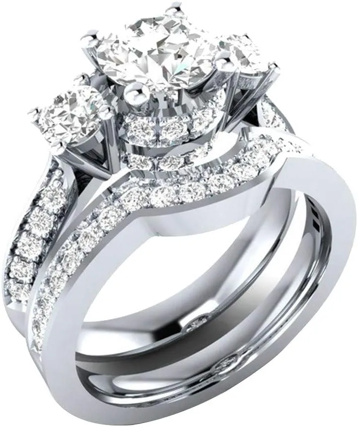 Bridal Set for Women Zirconia 3-Stone Solitaire 925 Silver Princess Cut Promise Engagement Ring and Wedding Band