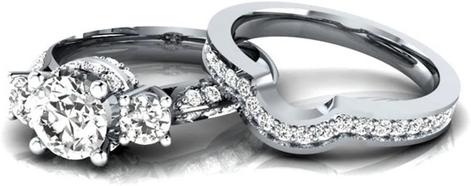 Bridal Set for Women Zirconia 3-Stone Solitaire 925 Silver Princess Cut Promise Engagement Ring and Wedding Band