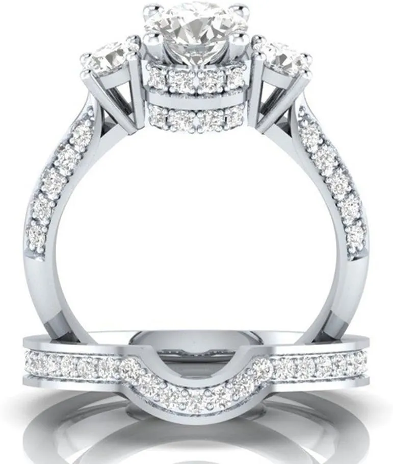 Bridal Set for Women Zirconia 3-Stone Solitaire 925 Silver Princess Cut Promise Engagement Ring and Wedding Band