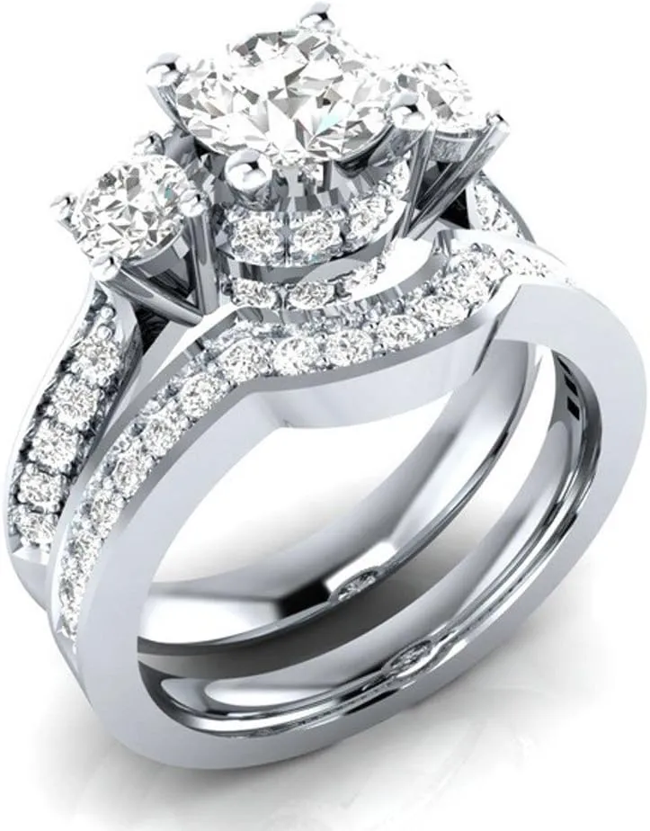 Bridal Set for Women Zirconia 3-Stone Solitaire 925 Silver Princess Cut Promise Engagement Ring and Wedding Band