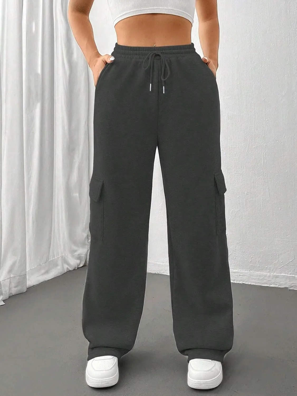 Cargo Pants for Women High Waist Baggy Wide Leg Lounge Pants Drawstring Elastic Waist Trousers