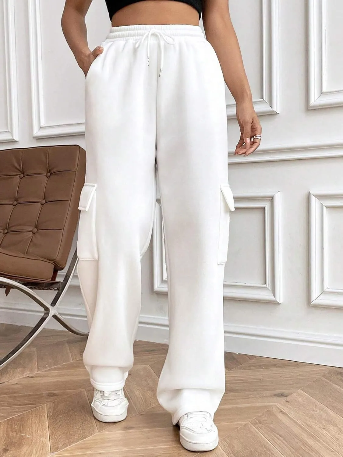 Cargo Pants for Women High Waist Baggy Wide Leg Lounge Pants Drawstring Elastic Waist Trousers