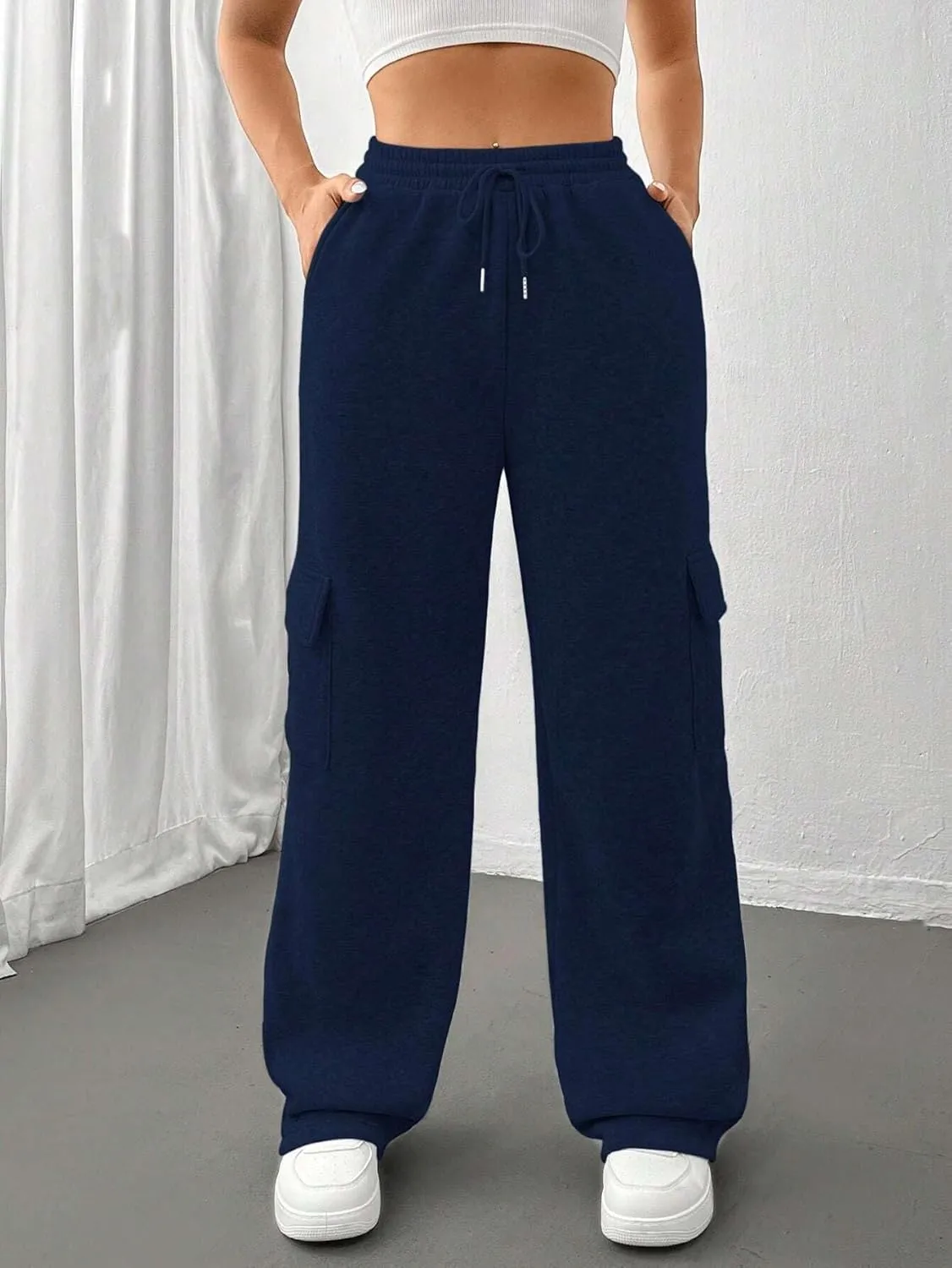 Cargo Pants for Women High Waist Baggy Wide Leg Lounge Pants Drawstring Elastic Waist Trousers