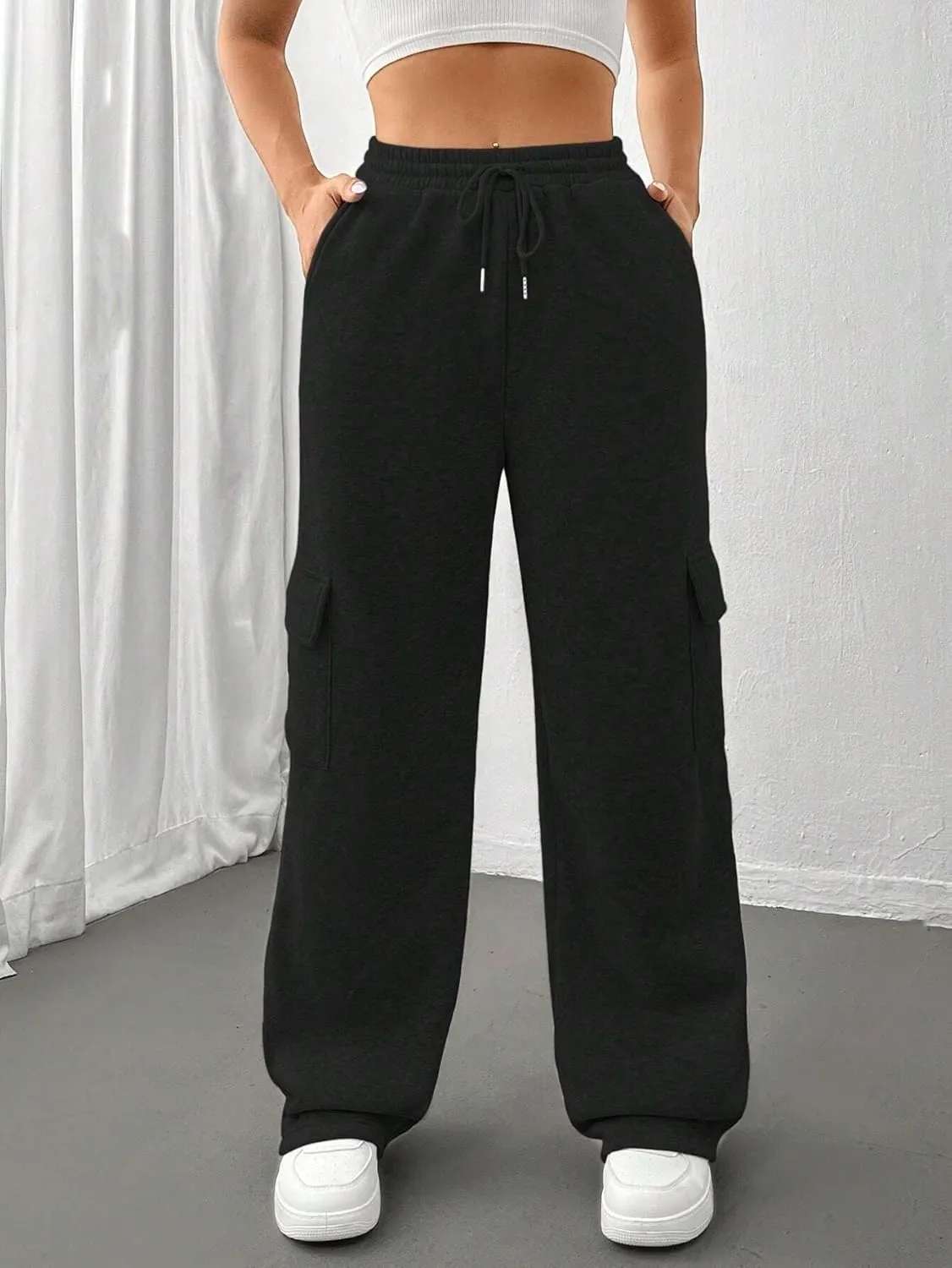 Cargo Pants for Women High Waist Baggy Wide Leg Lounge Pants Drawstring Elastic Waist Trousers